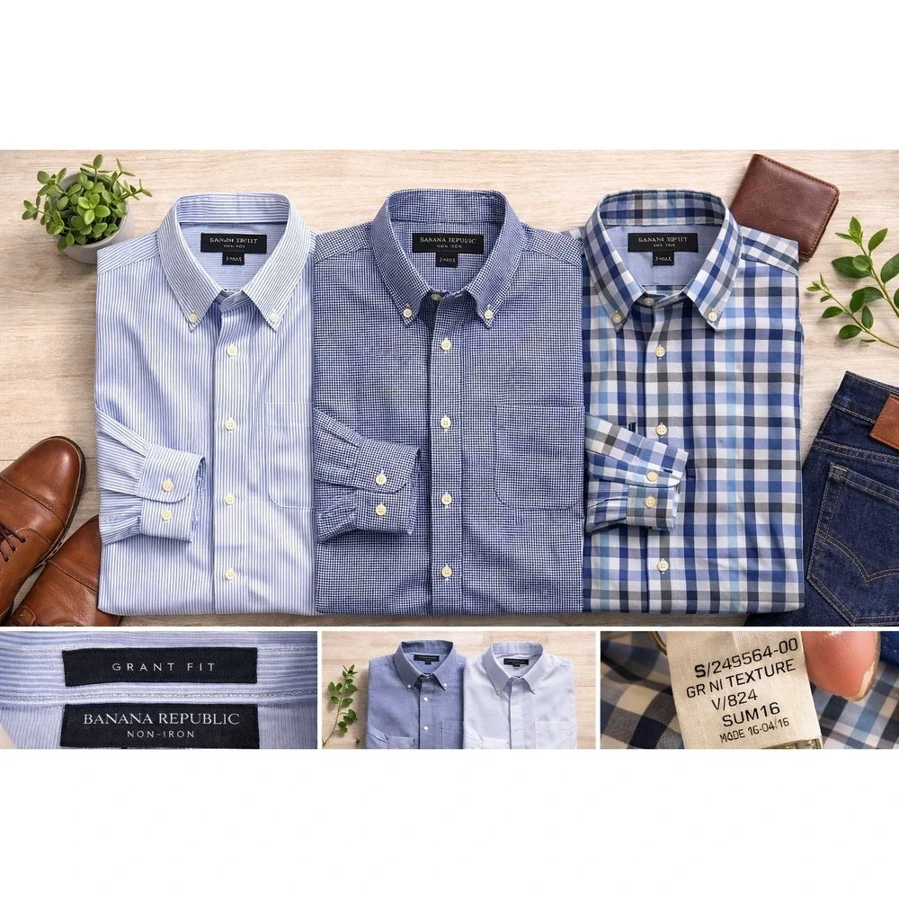 Banana Republic Grant Fit‎ Non-Iron Shirts Lot of 3 Large 16-16½ Blue Stripe